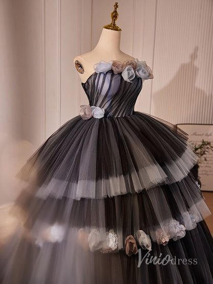 Black Tiered Pleated 3D Flower Prom Dresses Strapless Ombre Quinceanera Dress 90026-prom dresses 2025 -Viniodress-Black-Custom Size-