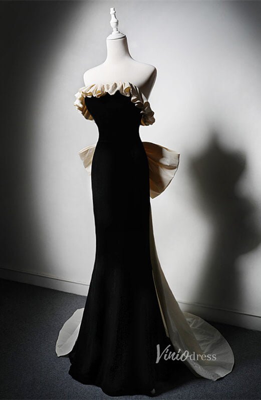 Black Velvet Mermaid Bow-Tie Prom Dresses Off the Shoulder Formal Dress AD1224-prom dresses 2025 -Viniodress-Black-Custom Size-