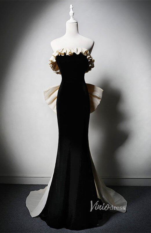 Black Velvet Mermaid Bow-Tie Prom Dresses Off the Shoulder Formal Dress AD1224-prom dresses 2025 -Viniodress-Black-Custom Size-