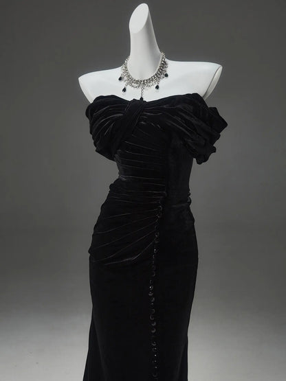 Black Velvet Sheath Prom Dresses with Ruched Bodice & Button Slit - CQ0149-Couture Gown 2025 -Viniodress-Black-Custom Size-