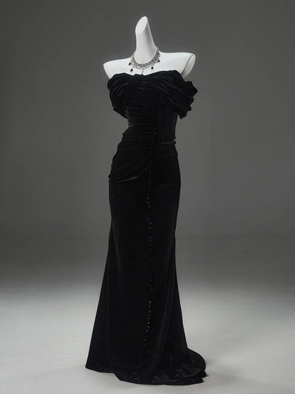 Black Velvet Sheath Prom Dresses with Ruched Bodice & Button Slit - CQ0149-Couture Gown 2025 -Viniodress-Black-Custom Size-