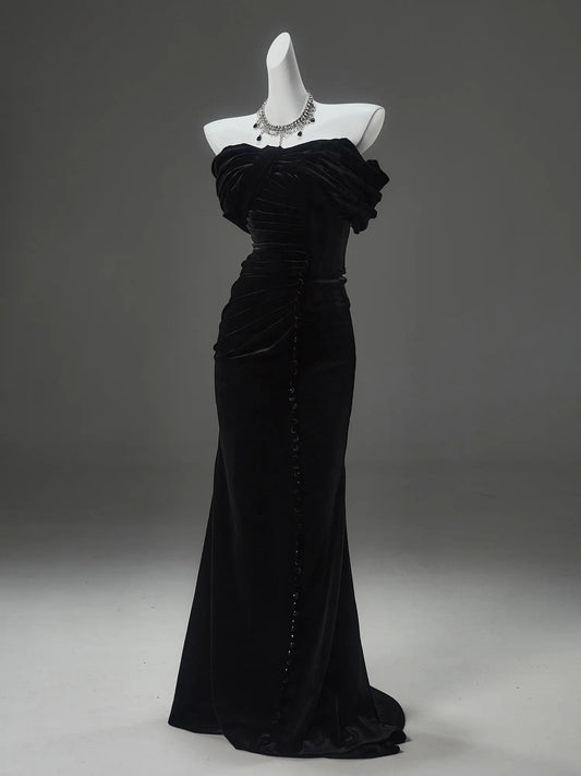 Black Velvet Sheath Prom Dresses with Ruched Bodice & Button Slit - CQ0149-Couture Gown 2025 -Viniodress-Black-Custom Size-