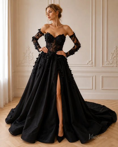 Black strapless ball gown with floral lace bodice, long sleeves, and a high-slit full skirt with a dramatic train.