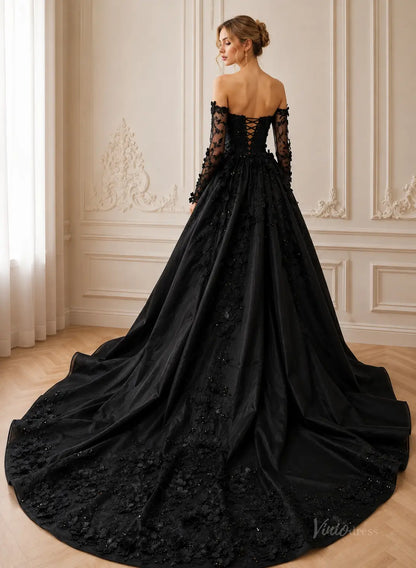 Black off-the-shoulder ball gown with long lace sleeves, corset back, and floral appliqué train.