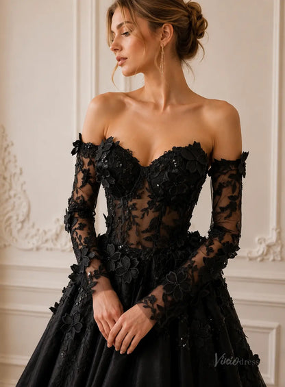 Black off-the-shoulder ball gown with long sleeves, intricate floral lace appliques, and a sheer corset bodice.