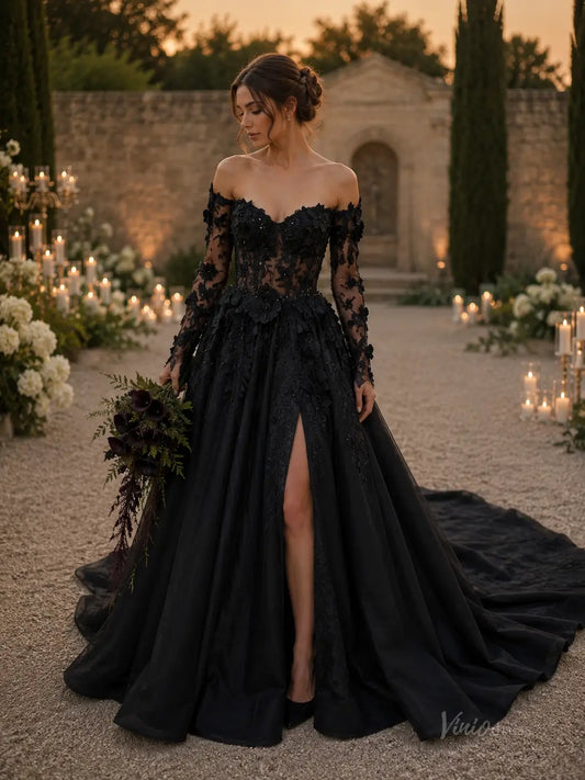 BK136 black off-the-shoulder wedding dress with long lace sleeves, floral appliqués, and a high-slit tulle skirt.