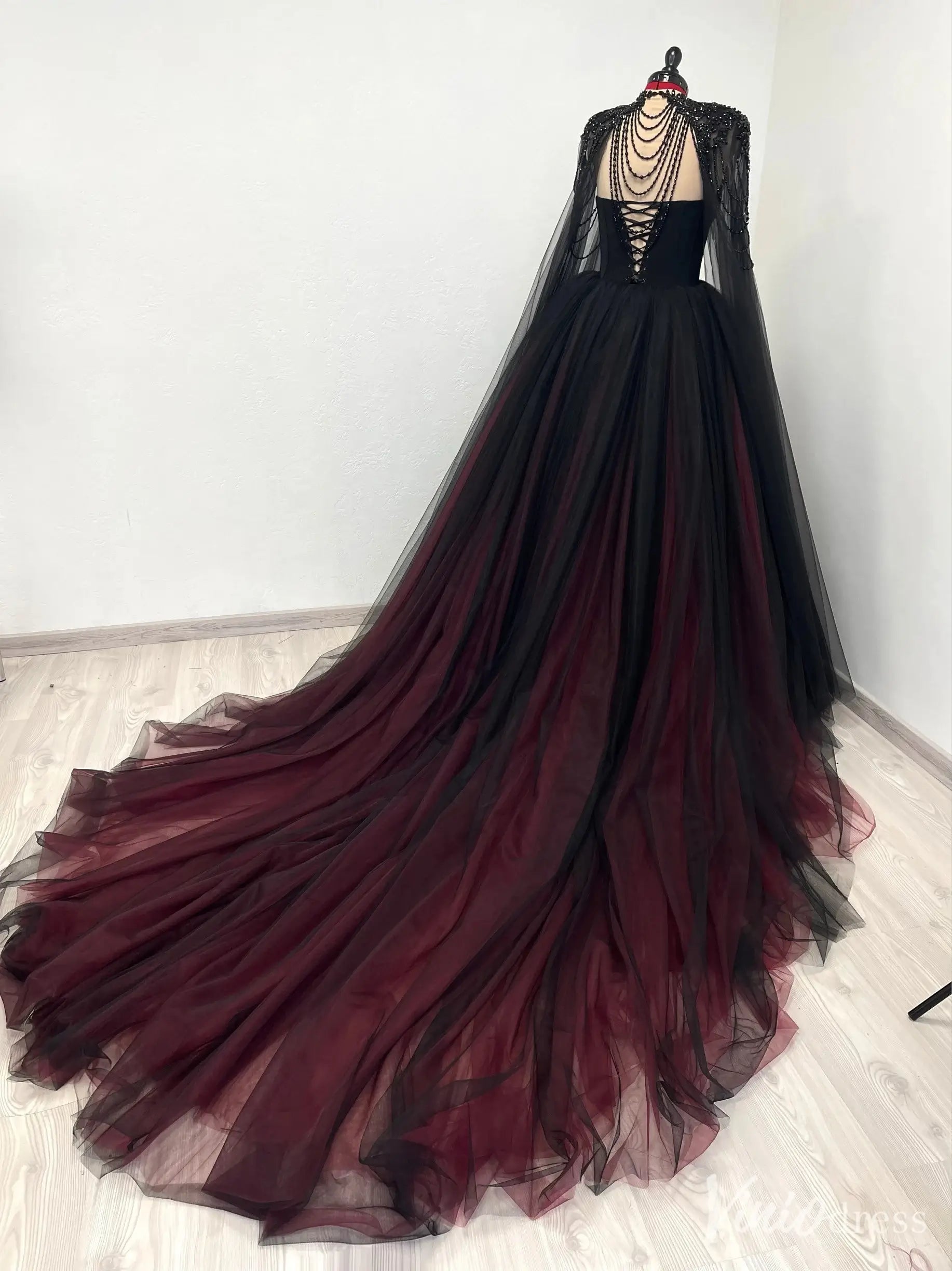 Black and Burgundy Wedding Dress with Beaded Bodice, Cape & Cathedral Train – BK115 – Viniodress