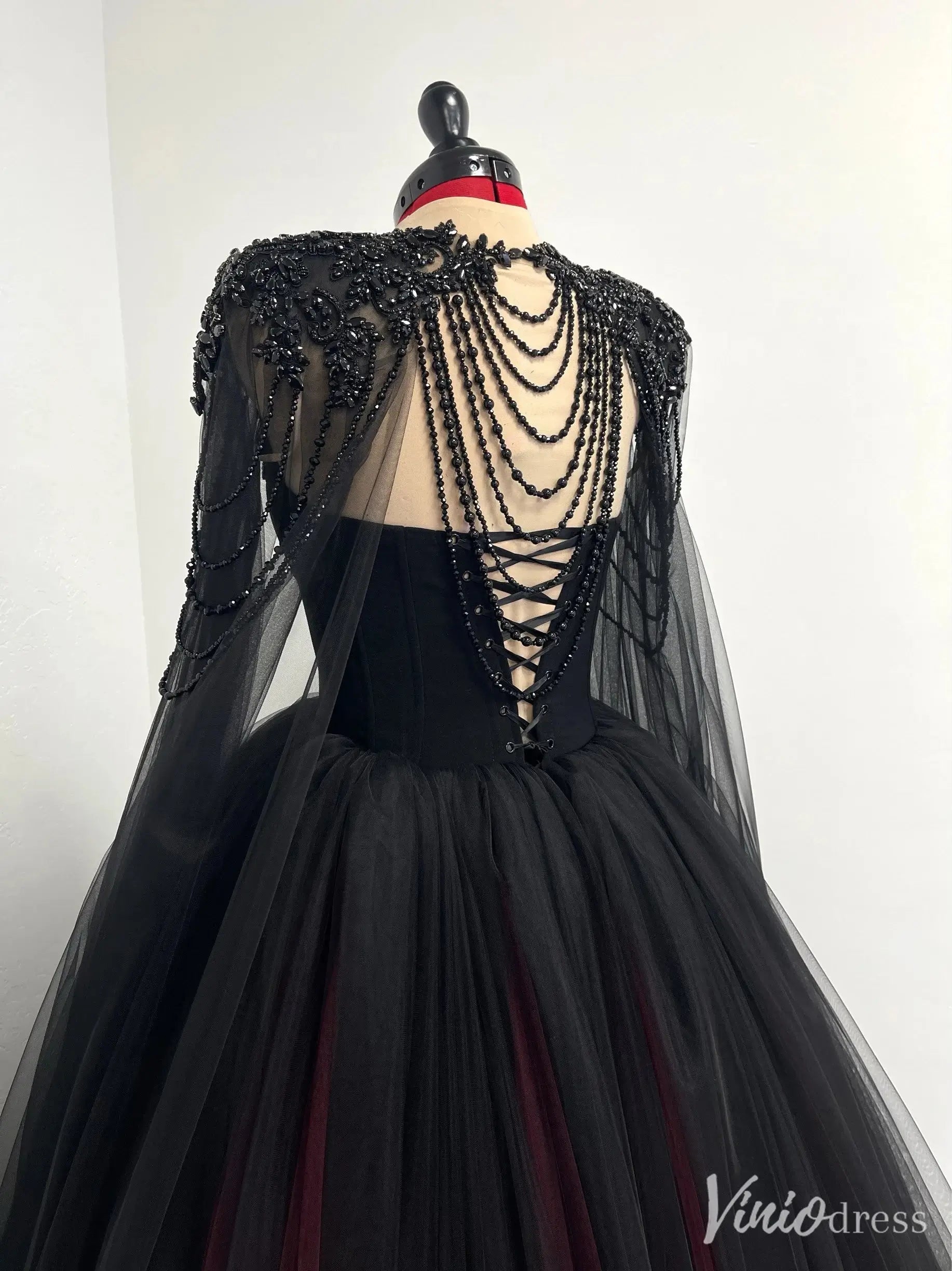Black and Burgundy Tulle Wedding Dress with Beaded Sweetheart Bodice, Detachable Cape & Cathedral Train – BK115-wedding dresses 2025 -Viniodress-Burgundy-Custom Size-