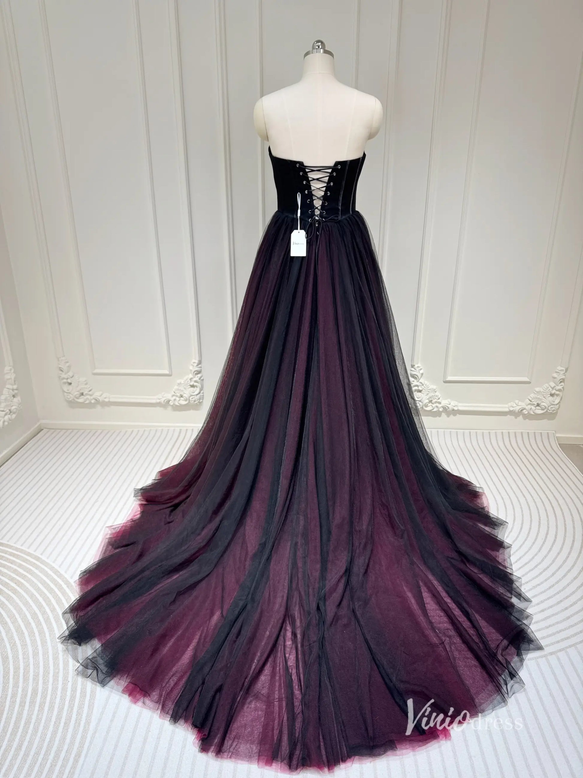 Black and Burgundy Wedding Dress with Beaded Bodice, Cape & Cathedral Train – BK115 – Viniodress
