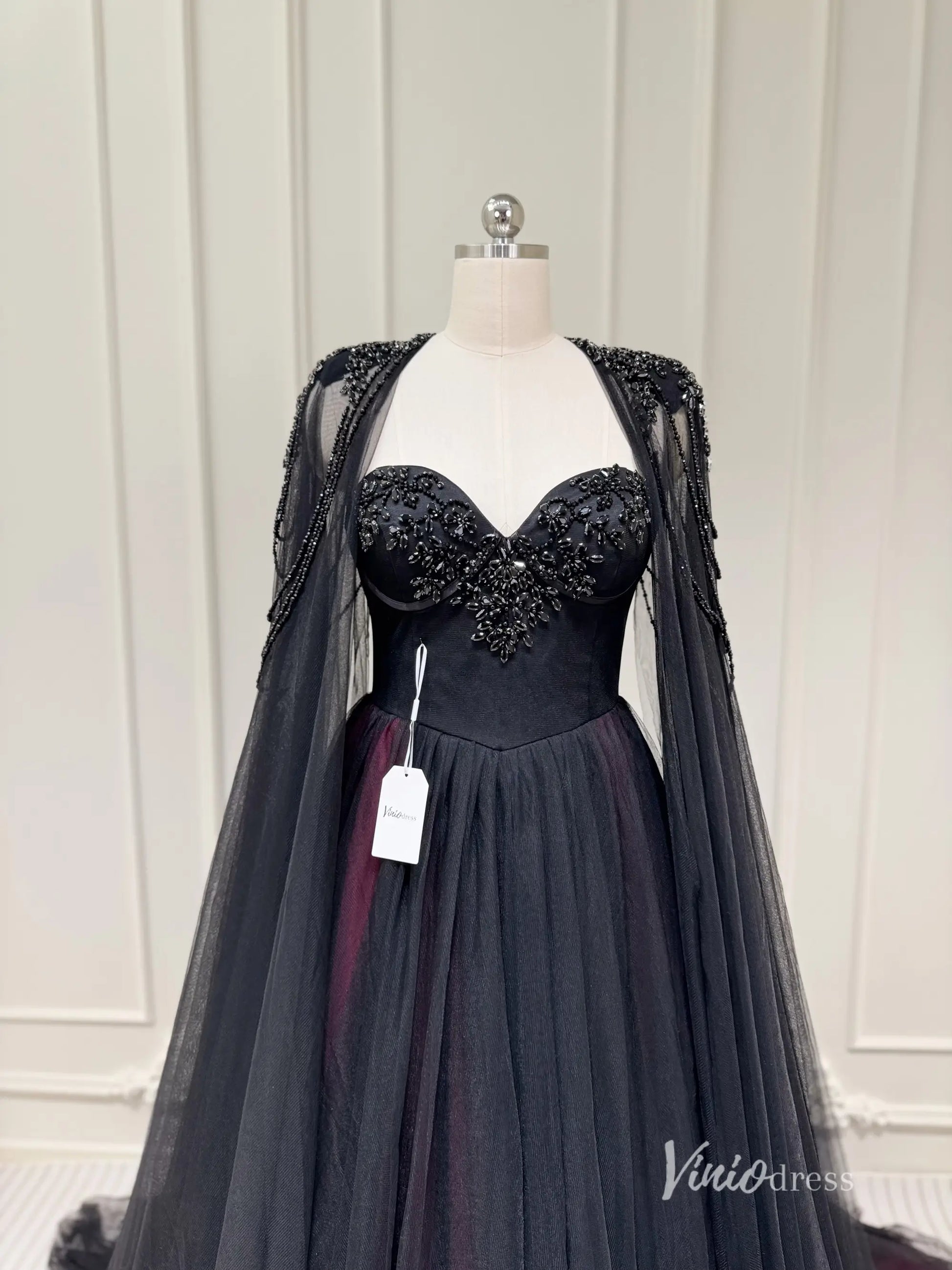 Black and Burgundy Wedding Dress with Beaded Bodice, Cape & Cathedral Train – BK115 – Viniodress
