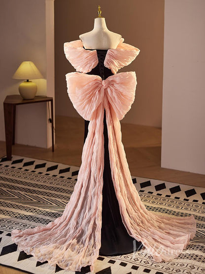 Black and Pink Rosette Bow Prom Dresses Velvet Bodice Pleated Tulle 90020-prom dresses 2025 -Viniodress-Black-Custom Size-