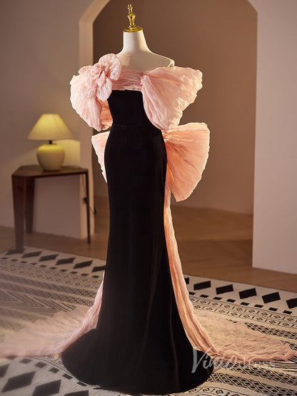 Black and Pink Rosette Bow Prom Dresses Velvet Bodice Pleated Tulle 90020-prom dresses 2025 -Viniodress-Black-Custom Size-