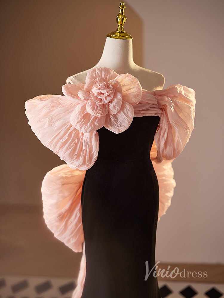 Black and Pink Rosette Bow Prom Dresses Velvet Bodice Pleated Tulle 90020-prom dresses 2025 -Viniodress-Black-Custom Size-