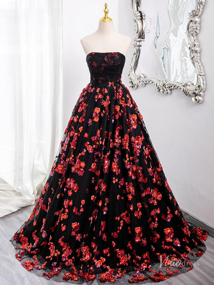 Black and Red Sparkly Floral Lace Prom Ball Gown Off the Shoulder Quin – Viniodress