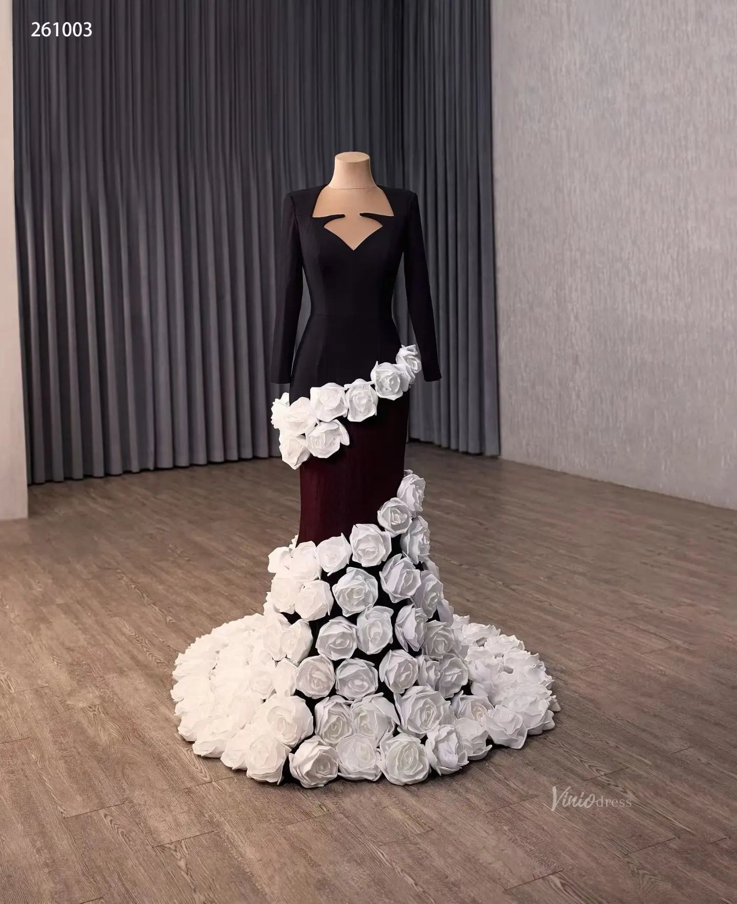 Black White 3D Rose Mermaid Wedding Dress with Long Sleeves