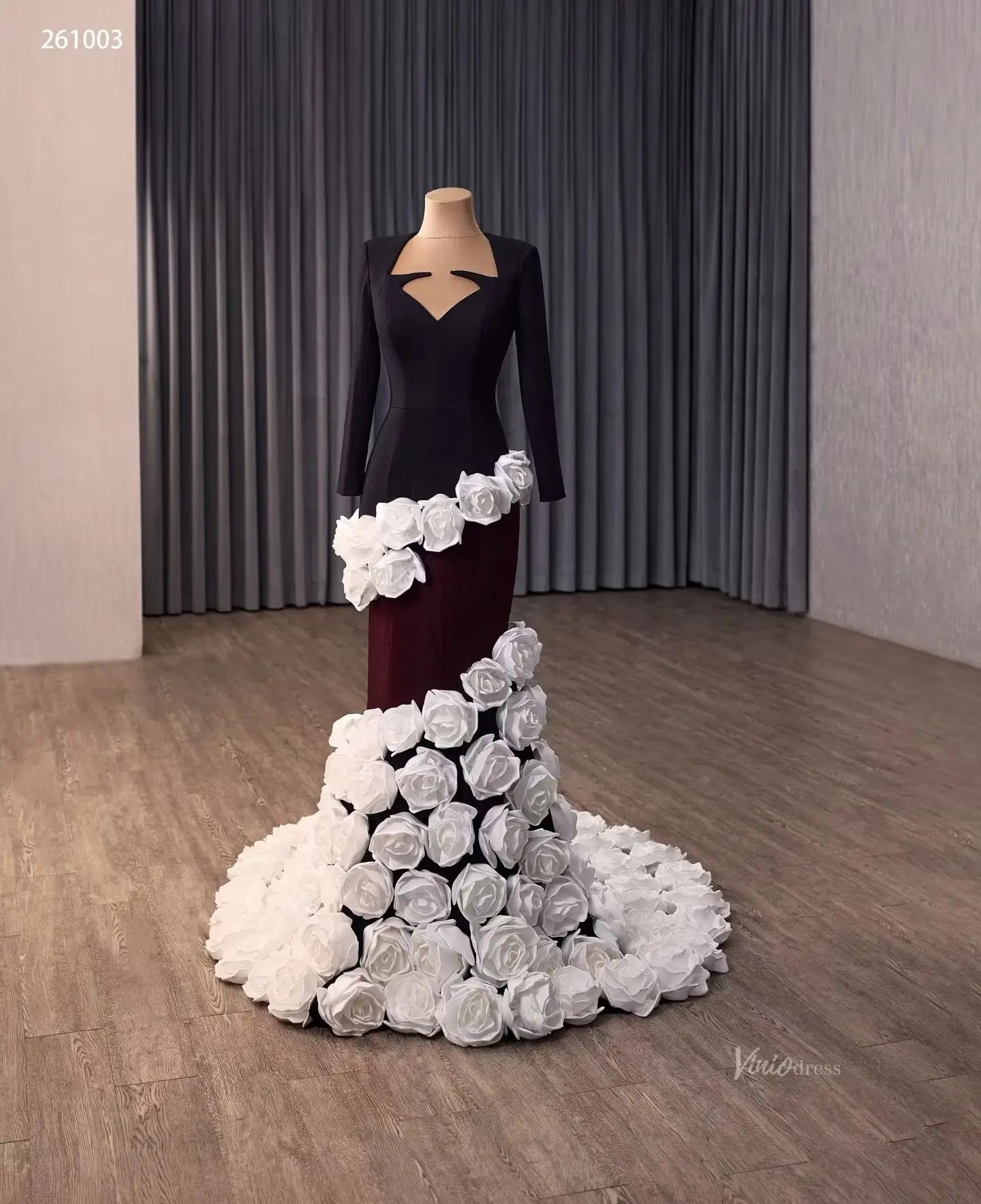 Black White 3D Rose Mermaid Wedding Dress with Long Sleeves