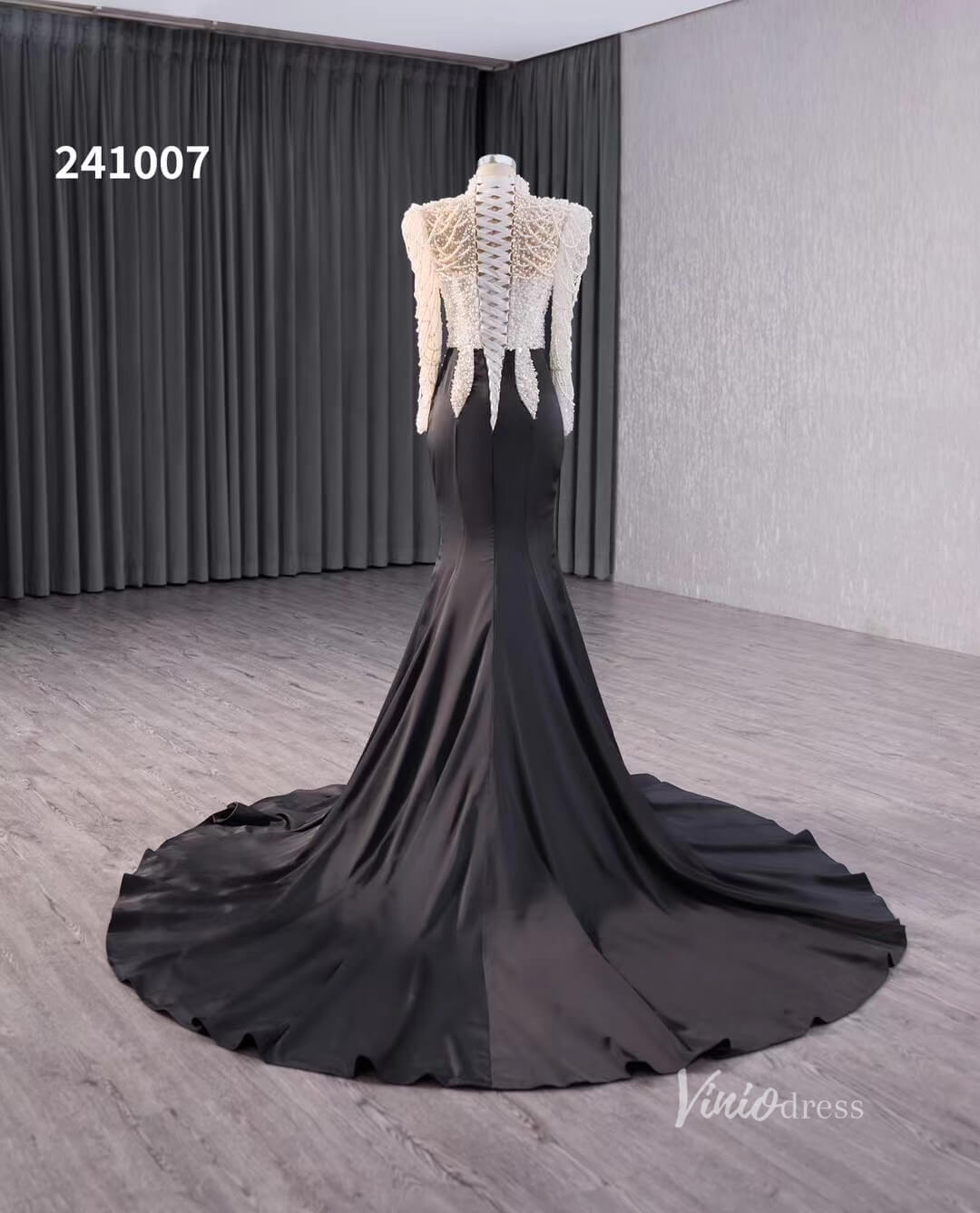 Black and White Beaded Mermaid Wedding Dresses Long Sleeve Pageant Dress 241007-wedding dresses 2025 -Viniodress-Black-Custom Size-