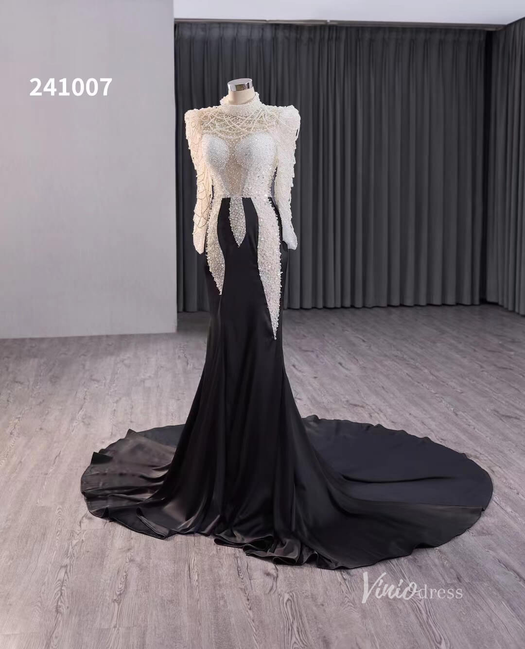 Black and White Beaded Mermaid Wedding Dresses Long Sleeve Pageant Dress 241007-wedding dresses 2025 -Viniodress-Black-Custom Size-