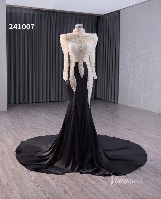 Black and White Beaded Mermaid Wedding Dresses Long Sleeve Pageant Dress 241007-wedding dresses 2025 -Viniodress-Black-Custom Size-