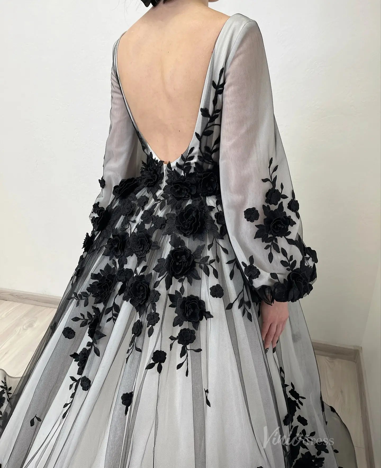 Black and White Floral Wedding Dress with Long Puff Sleeves, 3D Flower – Viniodress