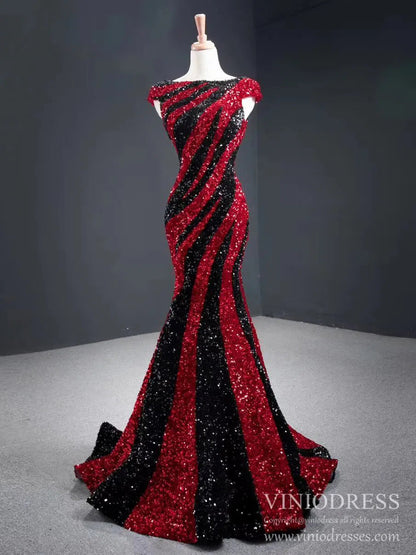 Black and White Mermaid Sequin Pageant Dresses Formal Gowns FD2400 viniodress-prom dresses 2025 -Viniodress-Red Black-US 2-