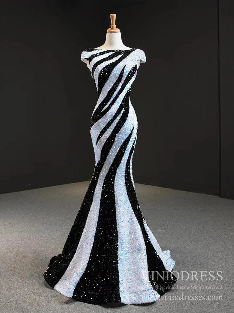 Black and White Mermaid Sequin Pageant Dresses Formal Gowns FD2400 viniodress-prom dresses 2025 -Viniodress-Black White-US 2-