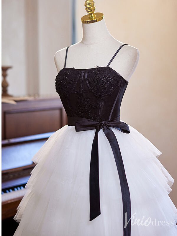 Black and White Ruffled Homecoming Dress Spaghetti Strap Graduation Dr – Viniodress