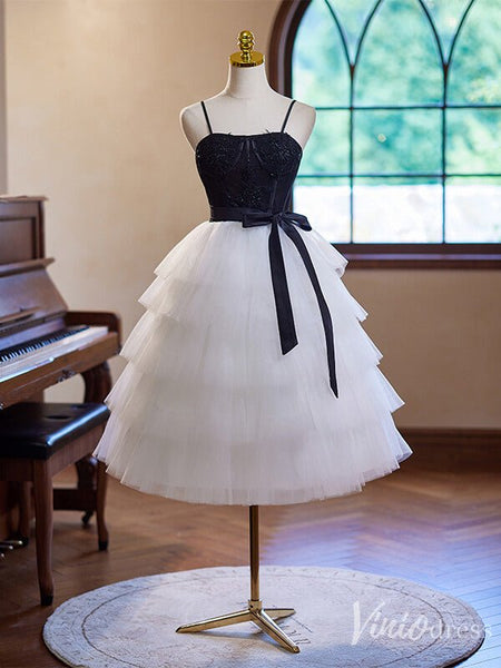 Black and White Ruffled Homecoming Dress Spaghetti Strap Graduation Dr – Viniodress