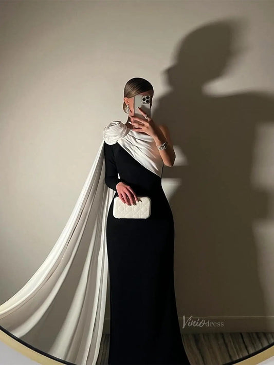 Black and White Sheath Prom Dresses with Watteau Train & 3D Flower - FD5263-prom dresses 2025 -Viniodress-Black-Custom Size-