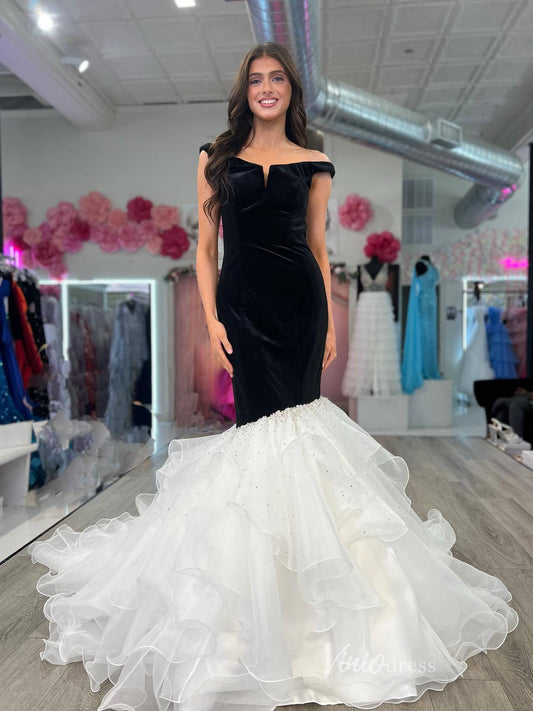 Black and White Velvet Mermaid Prom Dresses Ruffled Off the Shoulder Formal Gown FD4064-prom dresses 2025 -Viniodress-Black-Custom Size-