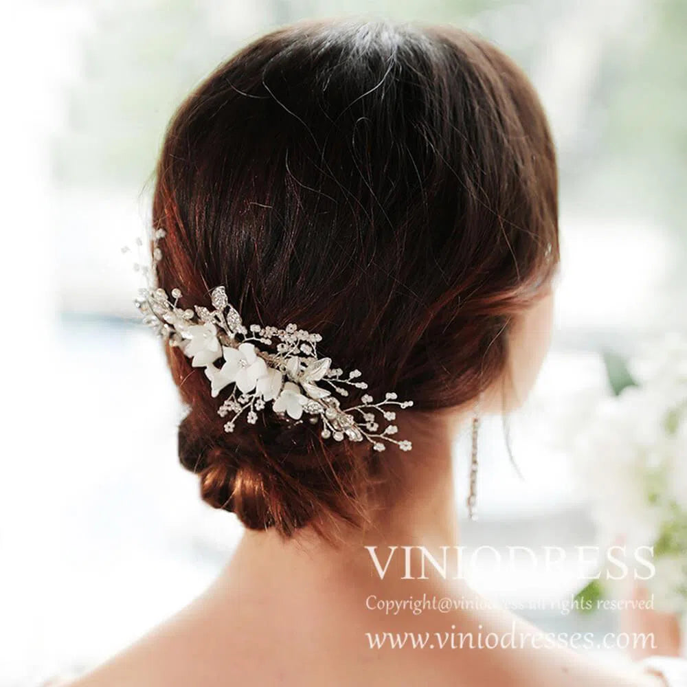 Blossom Bridal Comb with Crystal Spray AC1061-Headpieces-Viniodress-Silver-Viniodress