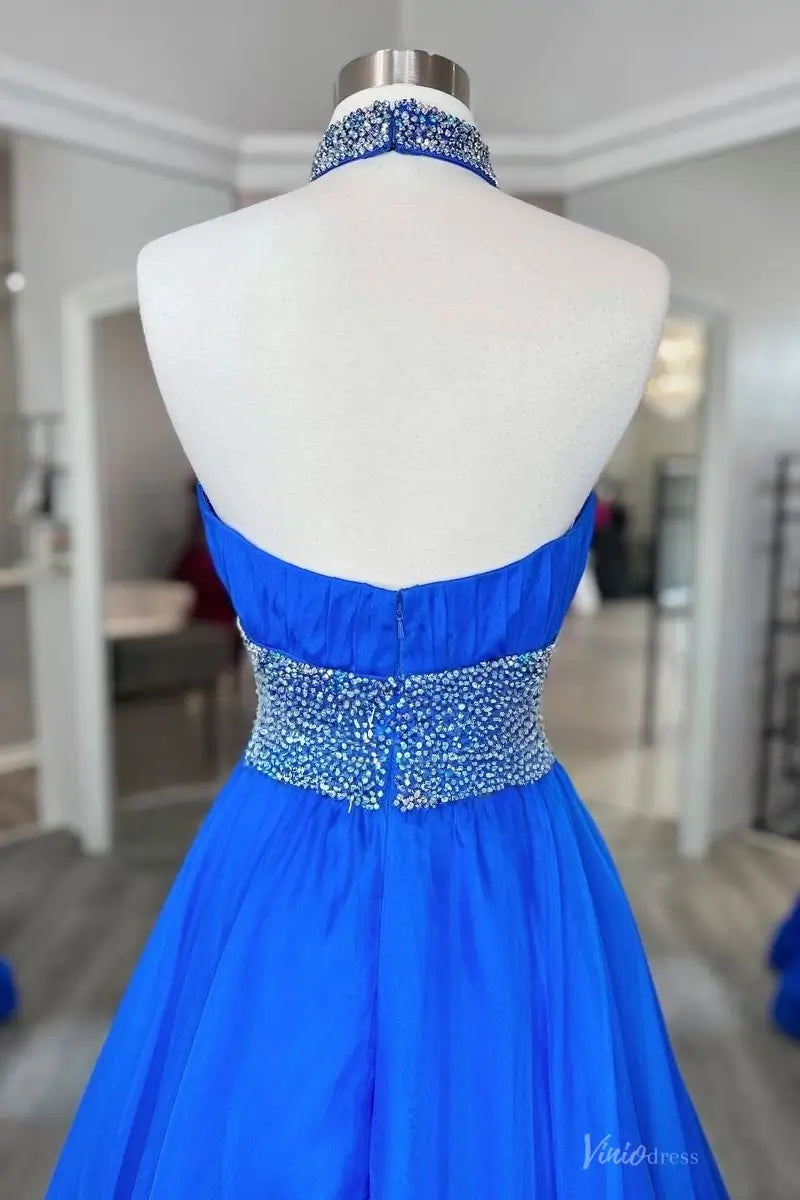 Blue Beaded Halter A-Line Pageant Gown with Crystal Waistband & Flowing Chiffon Train – PG016-Pageant Dress 2026-Viniodress-Blue-Custom Size-
