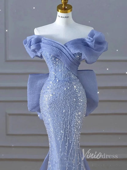 Blue Beaded Lace Mermaid Prom Dresses Off the Shoulder Bow Train 90017-prom dresses 2025 -Viniodress-Blue-Custom Size-