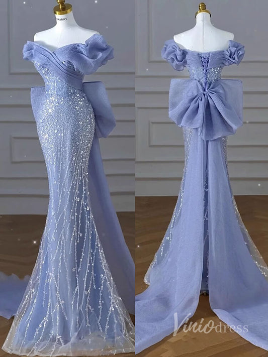 Blue Beaded Lace Mermaid Prom Dresses Off the Shoulder Bow Train 90017-prom dresses 2025 -Viniodress-Blue-Custom Size-