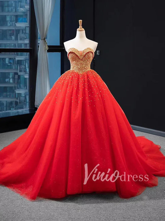 Blue Beaded Wedding Dresses Sparkly Rhinestone Quinceanera Dress 66818 viniodress-prom dresses 2025 -Viniodress-Red-Custom Size-