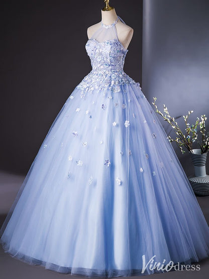 Blue Floral Lace Applique Quinceanera Dresses Halter Neck Ball Gown AD1388-prom dresses 2025 -Viniodress-Blue-Custom Size-