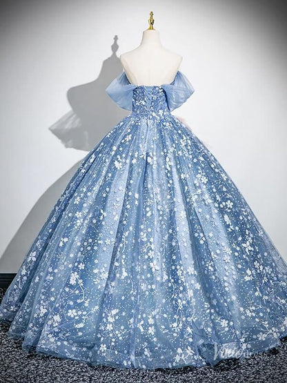 Blue Floral Off the Shoulder Prom Ball Gown Lace Applique Quinceanera Dresses BG036-prom dresses 2025 -Viniodress-Blue-Custom Size-