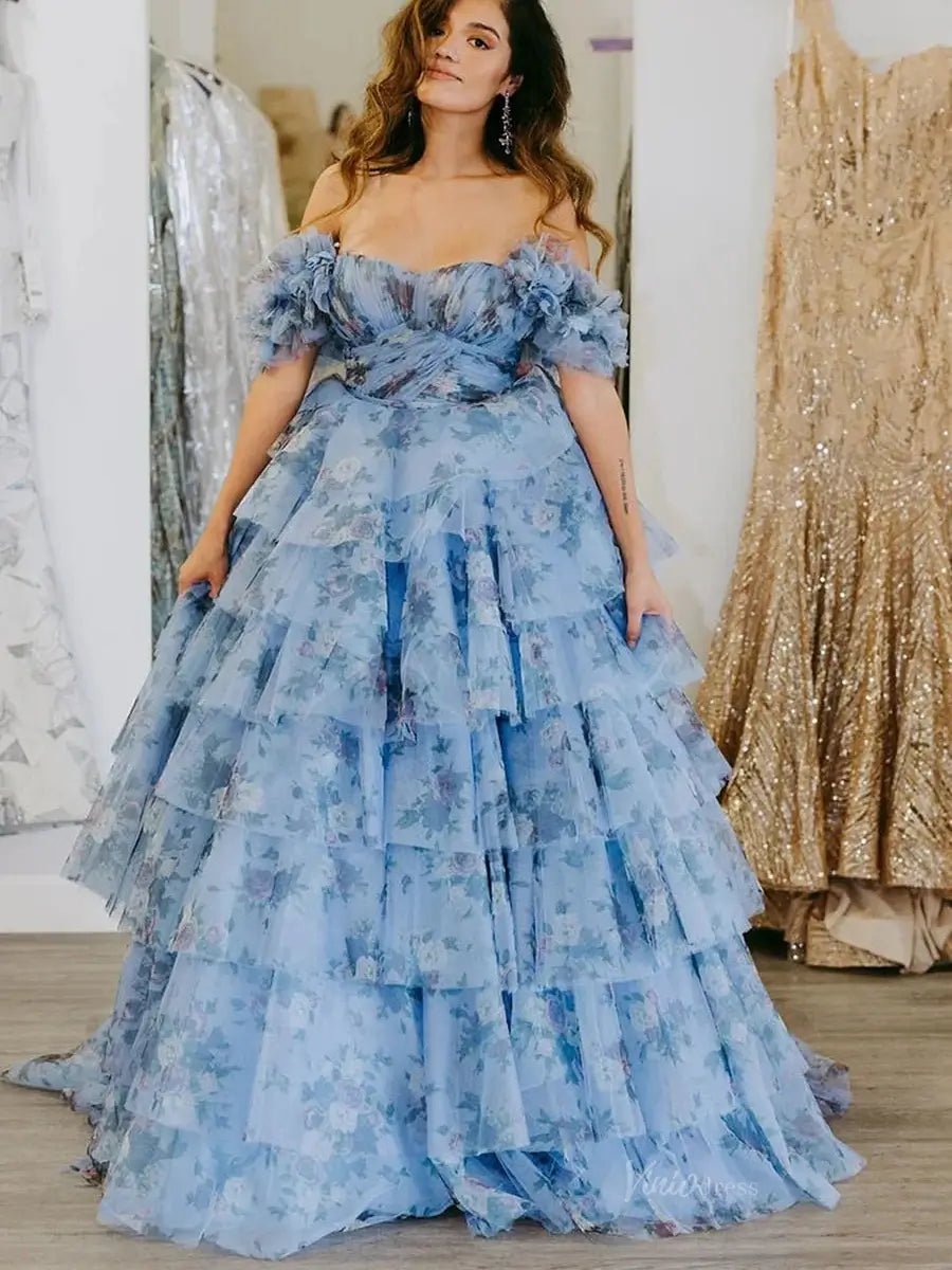 Blue Floral Print Tulle Prom Dresses 2025 Tiered Off the Shoulder Formal Gown - FD5303-prom dresses 2025 -Viniodress-Blue-Custom Size-