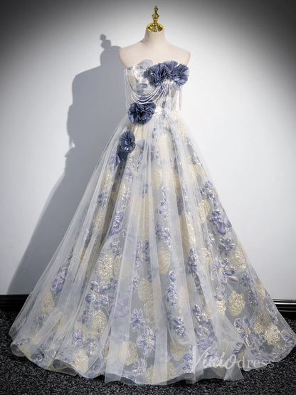 Blue Jacquard Satin Off the Shouler Prom Dresses 3D Flower Beaded String 90021-prom dresses 2025 -Viniodress-Blue-Custom Size-