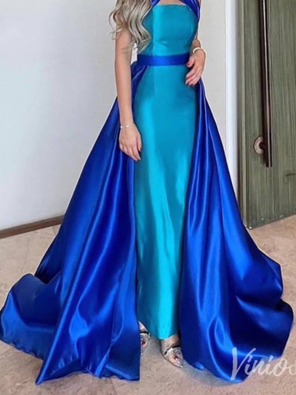 Blue Satin Mermaid Prom Dresses Overskirt Halter Neck Formal Dress AD1 – Viniodress