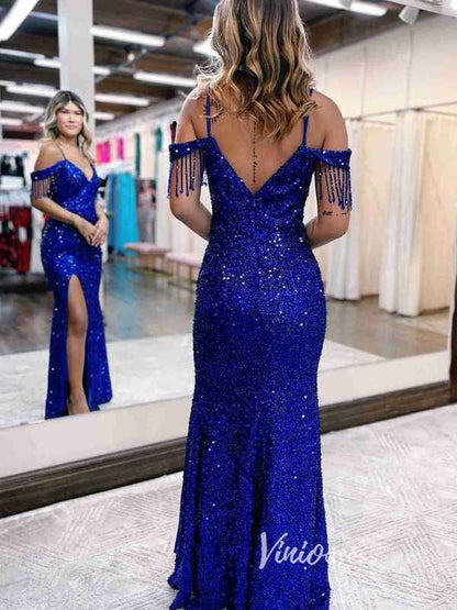 Blue Sequin Prom Dresses with Slit Mermaid Spaghetti Strap Evening Dress FD3313-prom dresses 2025 -Viniodress-Blue-Custom Size-