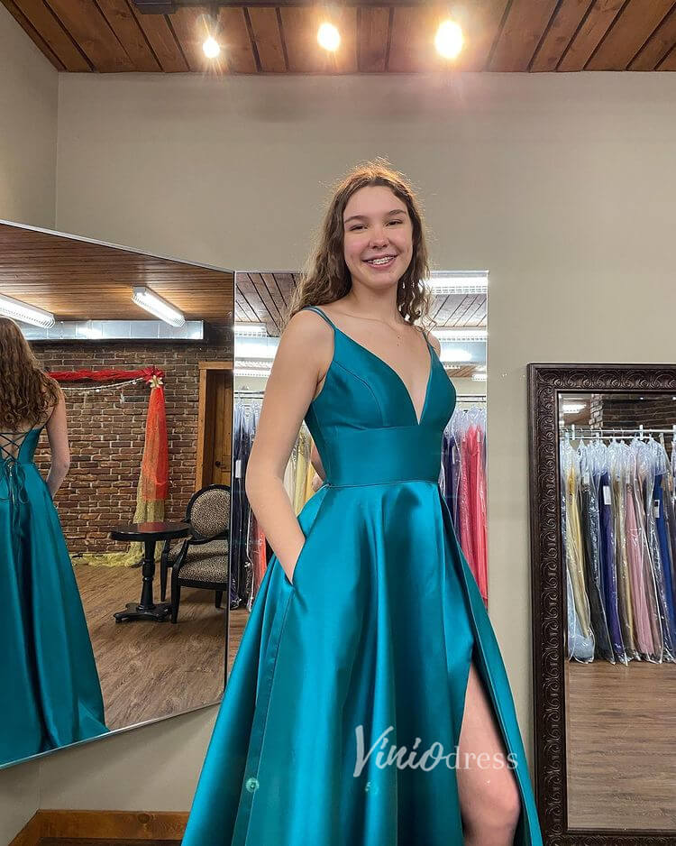 Blue Spaghetti Strap Prom Dresses With Slit V-Neck Evening Dress FD3107-prom dresses 2025 -Viniodress-Blue-Custom Size-