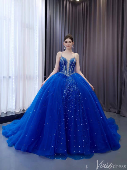 Blue Sparkly Beaded Wedding Gowns Spaghetti Strap Bow Quince Dress 241087-Quinceanera Dresses 2025 -Viniodress-Blue-Custom Size-