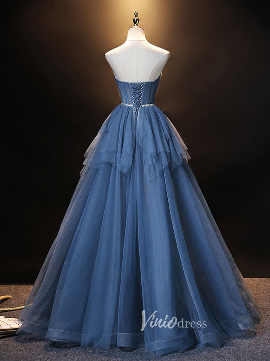 Blue Sparkly Ruffle Prom Dresses Strapless Evening Dress FD3171-prom dresses 2025 -Viniodress-Dusty Blue-Custom Size-