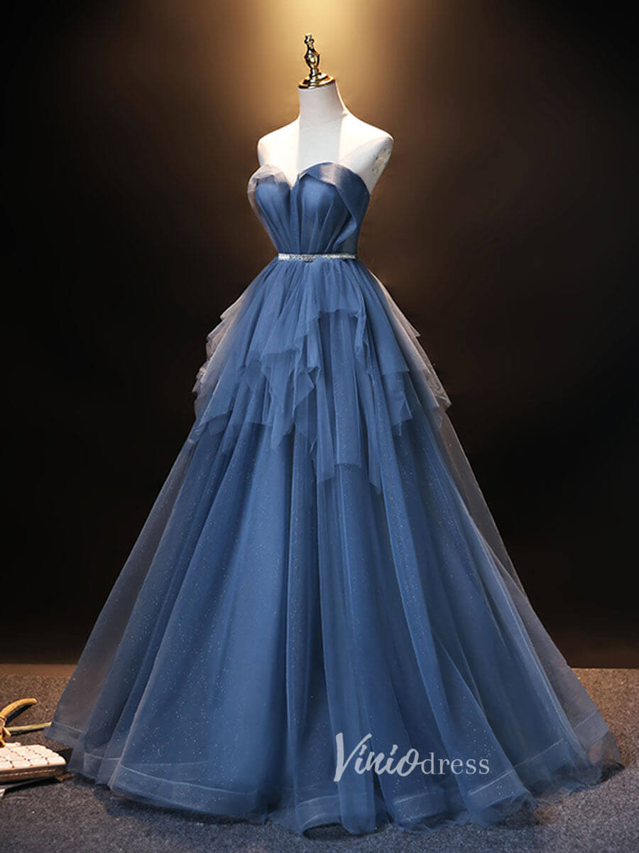Blue Sparkly Ruffle Prom Dresses Strapless Evening Dress FD3171-prom dresses 2025 -Viniodress-Dusty Blue-Custom Size-