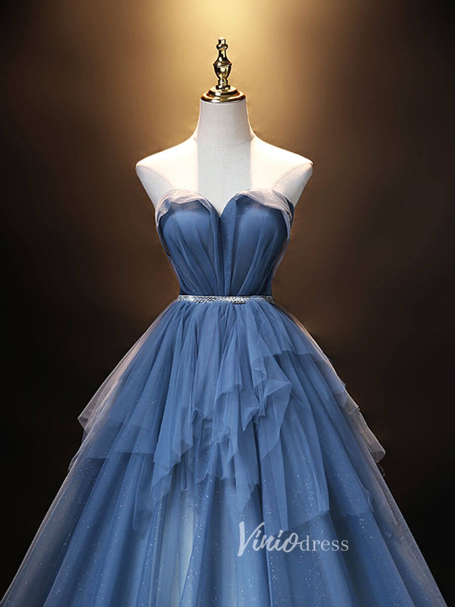 Blue Sparkly Ruffle Prom Dresses Strapless Evening Dress FD3171-prom dresses 2025 -Viniodress-Dusty Blue-Custom Size-