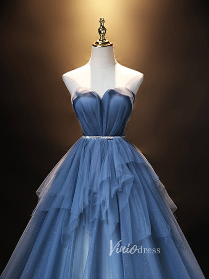 Blue Sparkly Ruffle Prom Dresses Strapless Evening Dress FD3171-prom dresses 2025 -Viniodress-Dusty Blue-Custom Size-