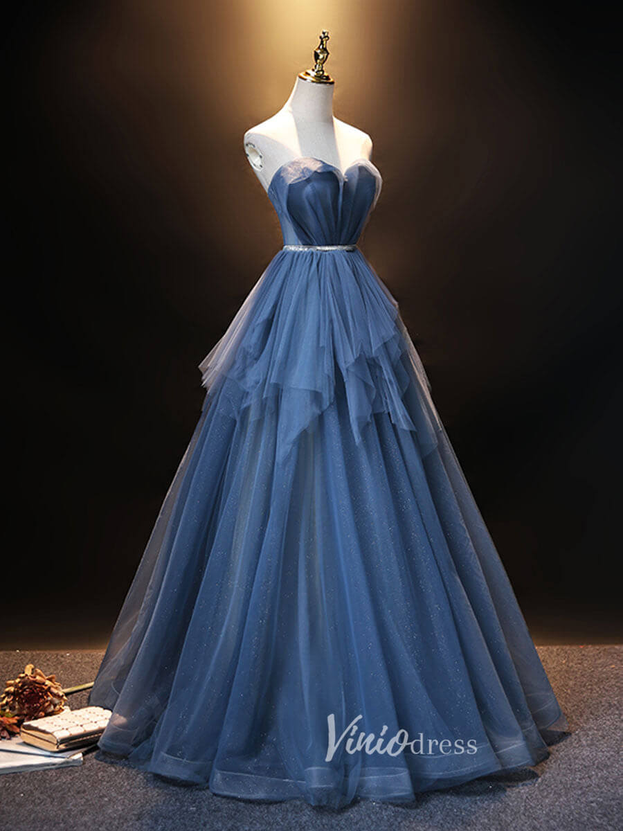Blue Sparkly Ruffle Prom Dresses Strapless Evening Dress FD3171-prom dresses 2025 -Viniodress-Dusty Blue-Custom Size-