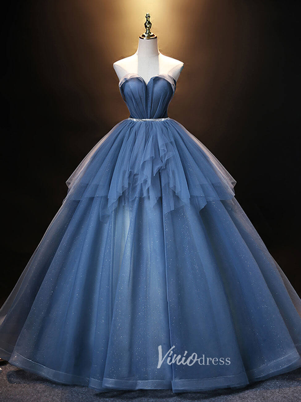 Blue Sparkly Ruffle Prom Dresses Strapless Evening Dress FD3171-prom dresses 2025 -Viniodress-Dusty Blue-Custom Size-