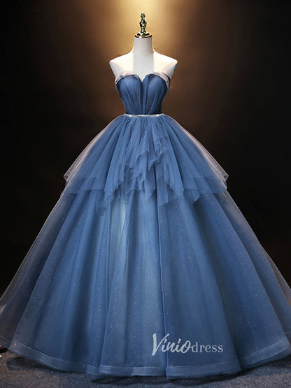 Blue Sparkly Ruffle Prom Dresses Strapless Evening Dress FD3171-prom dresses 2025 -Viniodress-Dusty Blue-Custom Size-